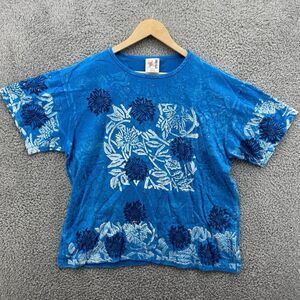 Vintage EZL Marcy N Me Colorful Blue T Shirt One Size Tropical Floral‎ Print